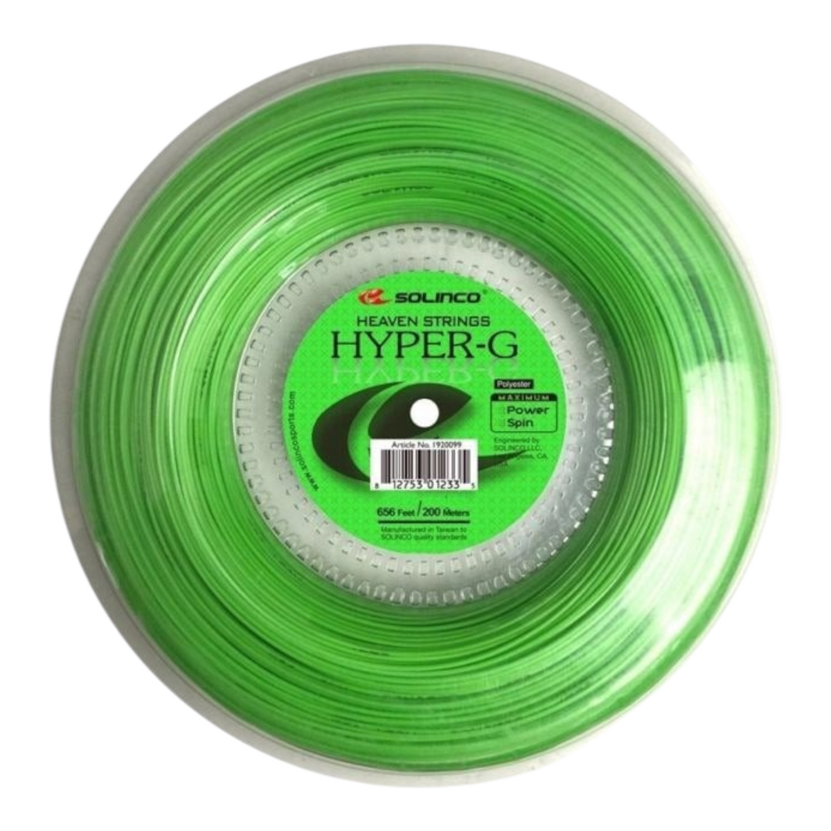 Rollo de cuerda de tenis Solinco Hyper G verde brillante de 200 metros para mayor potencia y efecto en Radach Sports