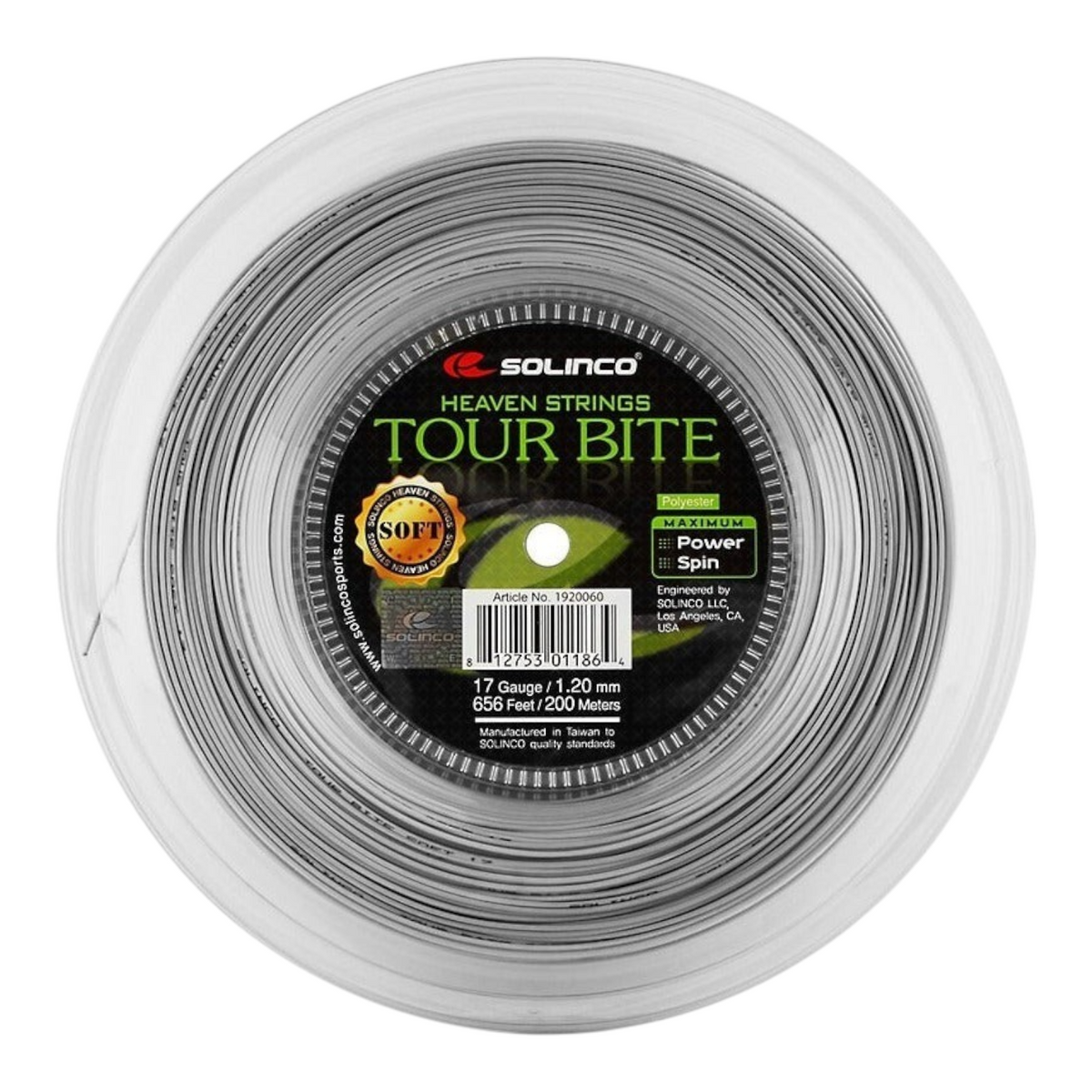 Rollo de cuerda de tenis Radach Sports Solinco Tour Bite Soft plateada de monofilamento de copoliéster de 200 metros