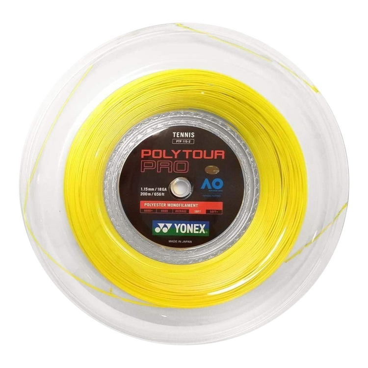 Rollo de cuerda de tenis Yonex Polytour Pro 125mm color amarillo de 200m disponible en Radach Sports