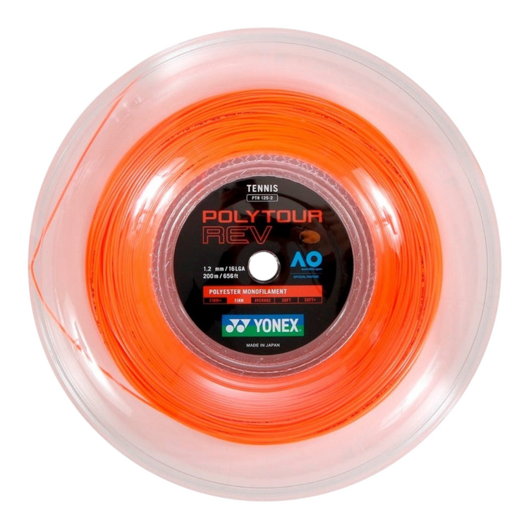 Rollo de 200m de cuerda de tenis naranja Yonex Polytour Rev 1.25mm de Radach Sports con tecnología SIF