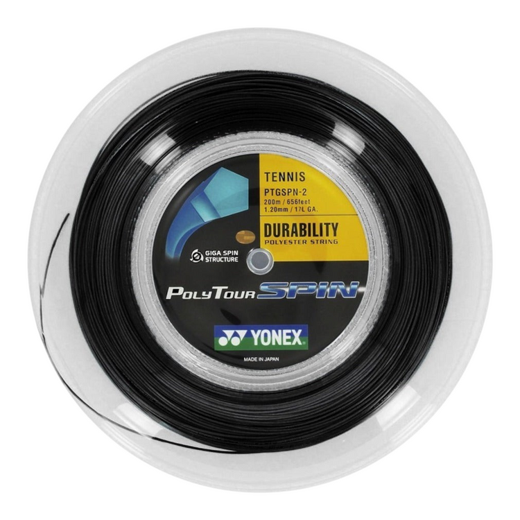 Rollo de cuerda Radach Sports Yonex PolyTour Spin de 200m en color negro con estructura pentagonal para tenis