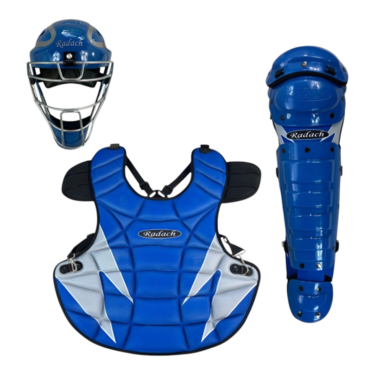 Equipo de catcher Radach Sports Pro azul rey con careta, peto ergonómico y rodilleras para béisbol adulto