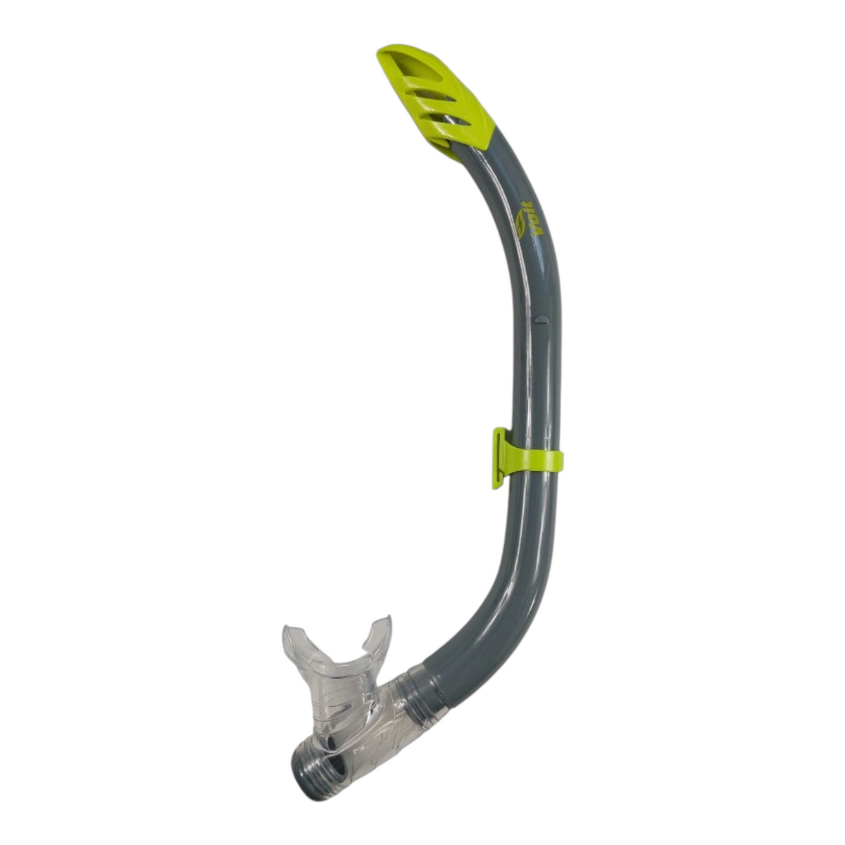 Esnórquel Radach Sports Voit Triton gris con boquilla transparente y detalles en verde lima para natación recreativa