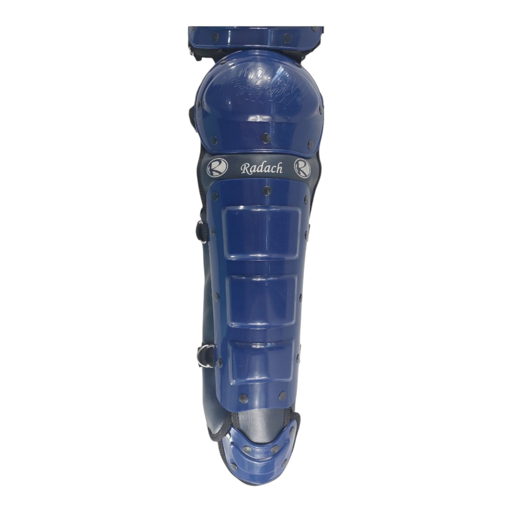 Espinillera de béisbol Radach Sports color azul marino con doble protección para receptor de softball
