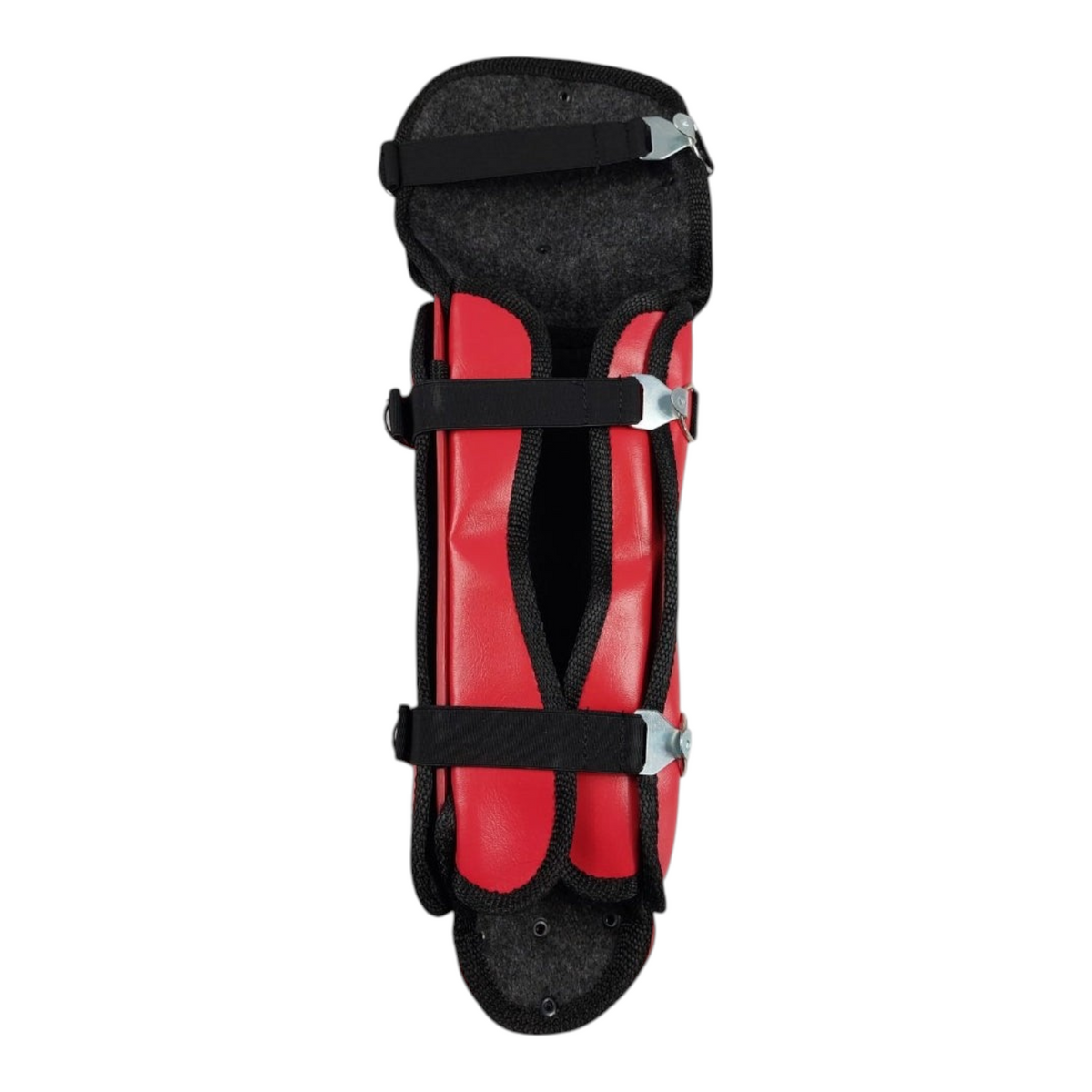 Espinillera de catcher infantil Radach Sports en color rojo con correas negras ajustables para béisbol
