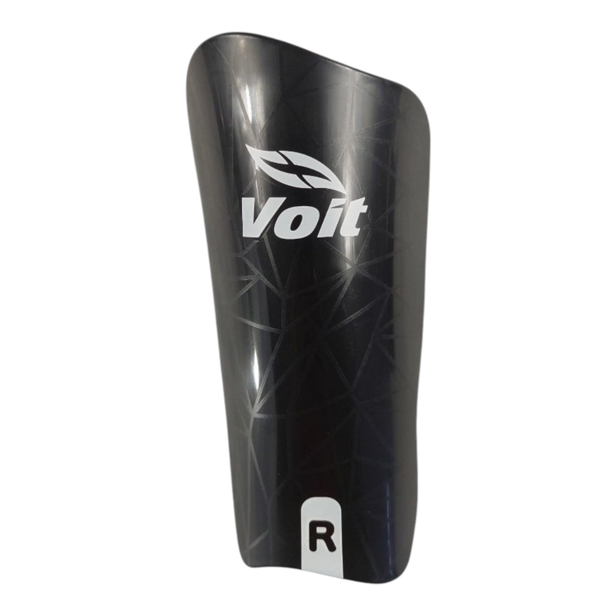 Espinillera de futbol Radach Sports Voit modelo Dep17 en color negro con patron geometrico y logo blanco