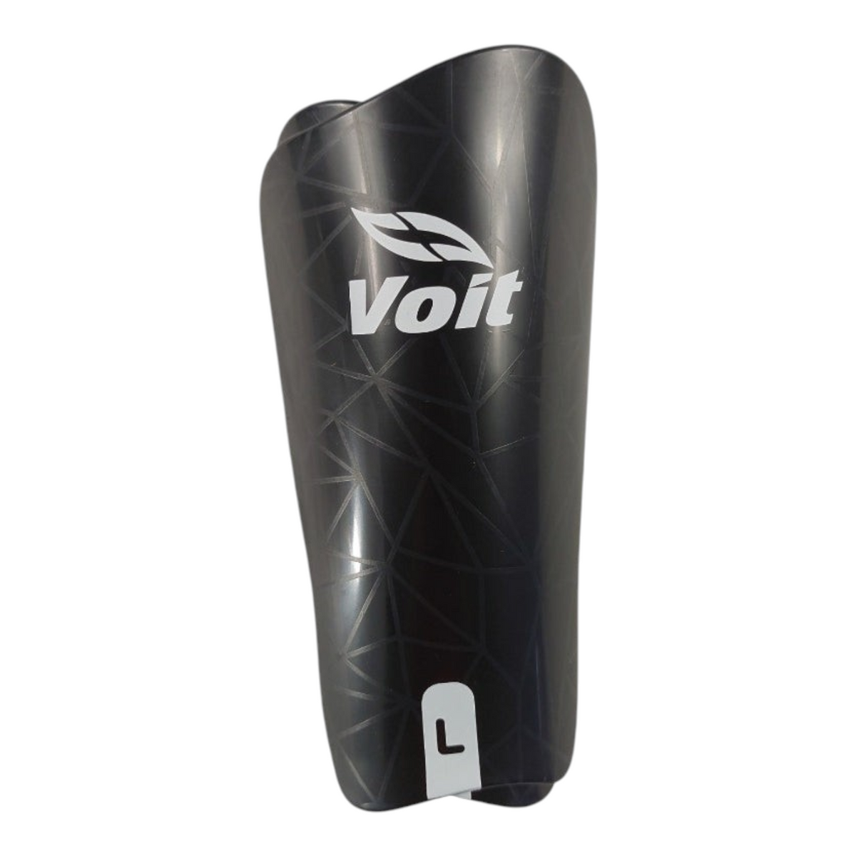 Espinillera de futbol Radach Sports Voit modelo Dep17 en color negro con patron geometrico y logo blanco