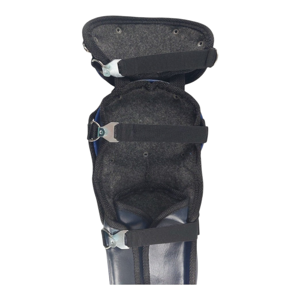 Espinilleras de béisbol Radach Sports color azul marino con doble protección para cátcher y correas ajustables