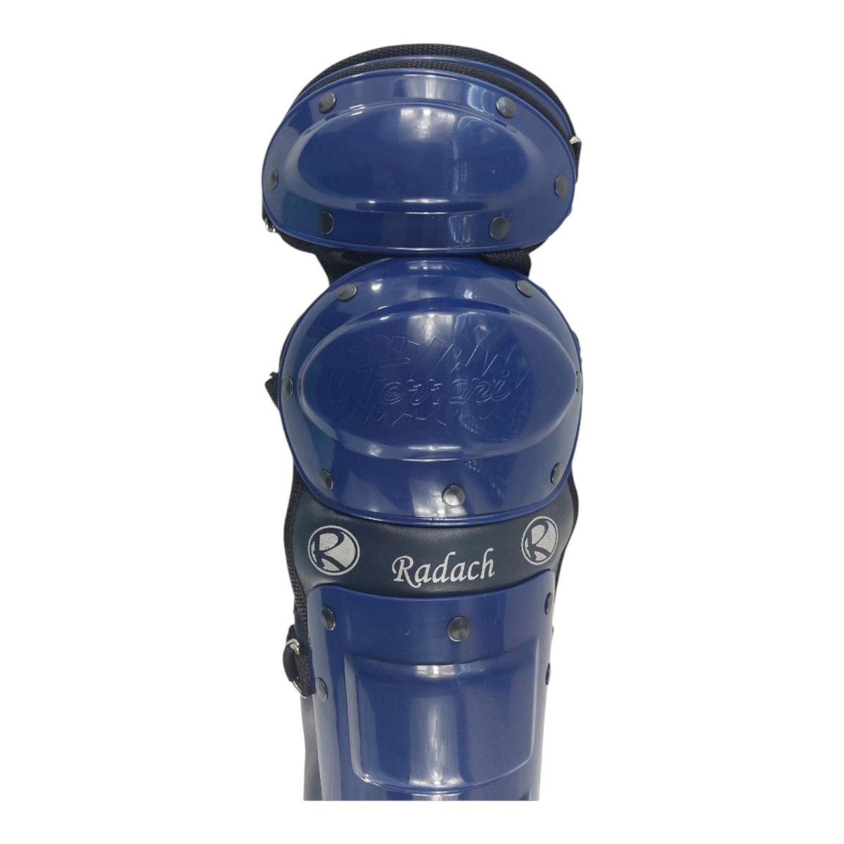 Espinilleras de béisbol Radach Sports color azul marino con doble protección para rodilla y muslo de cátcher