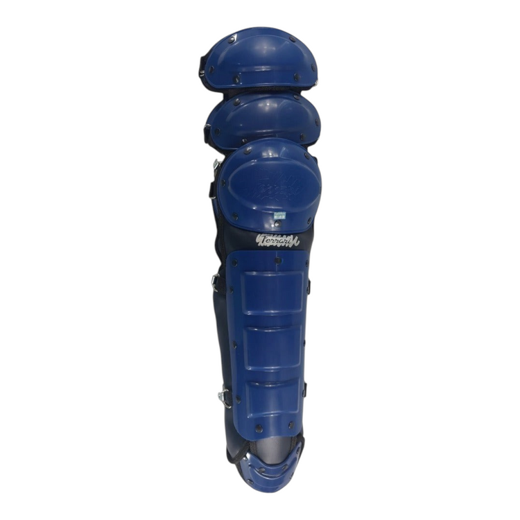 Espinilleras de béisbol Radach Sports color marino con triple protección para cátcher de ligas amateur