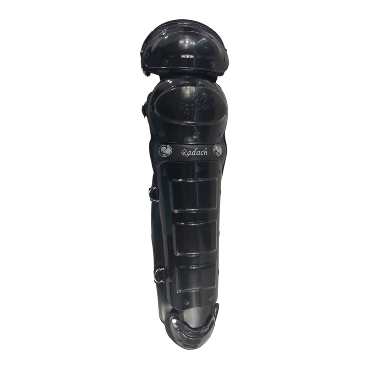 Espinilleras de béisbol Radach Sports color negro con doble protección para rodilla y muslo de receptor
