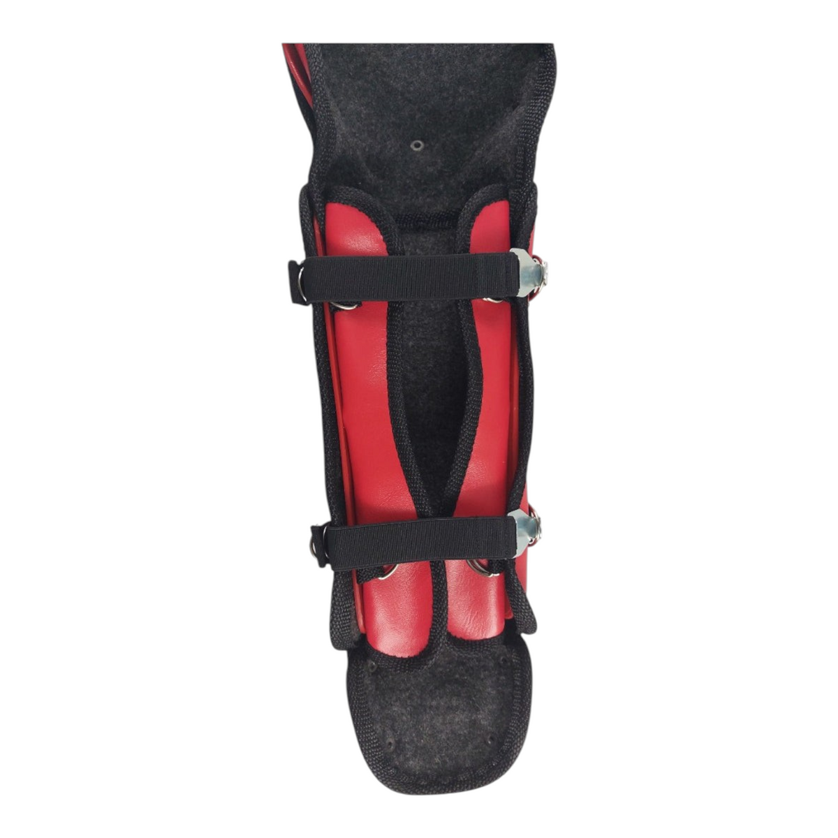 Espinilleras de béisbol infantiles Radach Sports en color rojo con correas ajustables para protección de cátcher