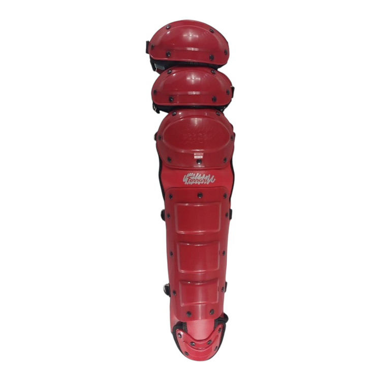 Espinilleras de béisbol Radach Sports color rojo con triple protección para rodilla y muslo, ideales para cátcher.