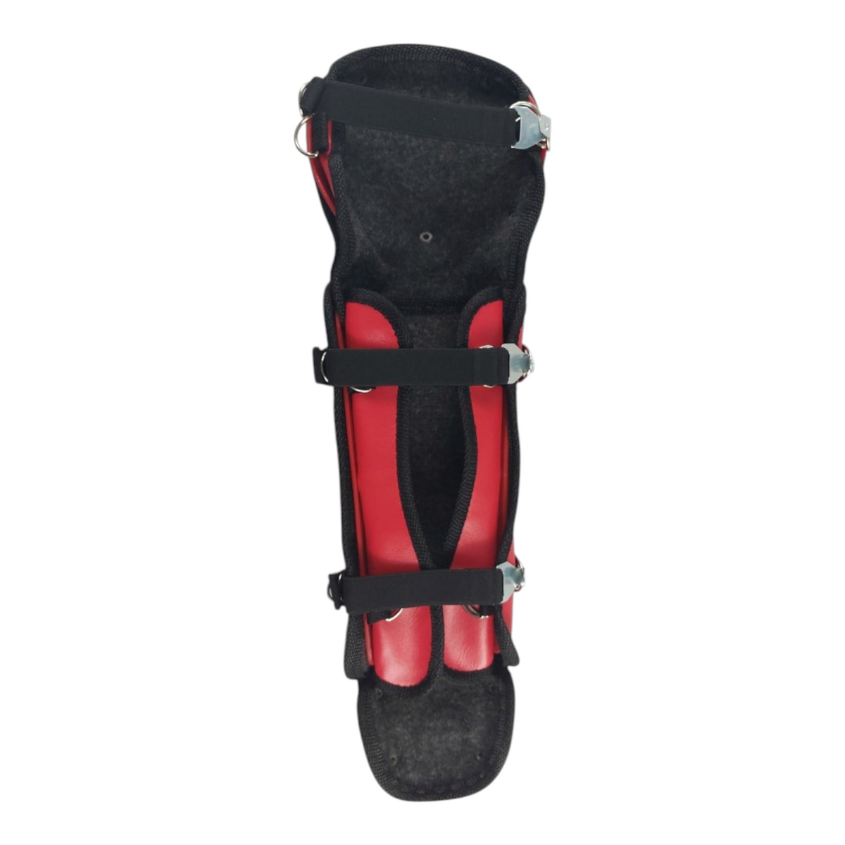 Espinilleras de béisbol infantiles Radach Sports en color rojo con correas ajustables para protección de cátcher