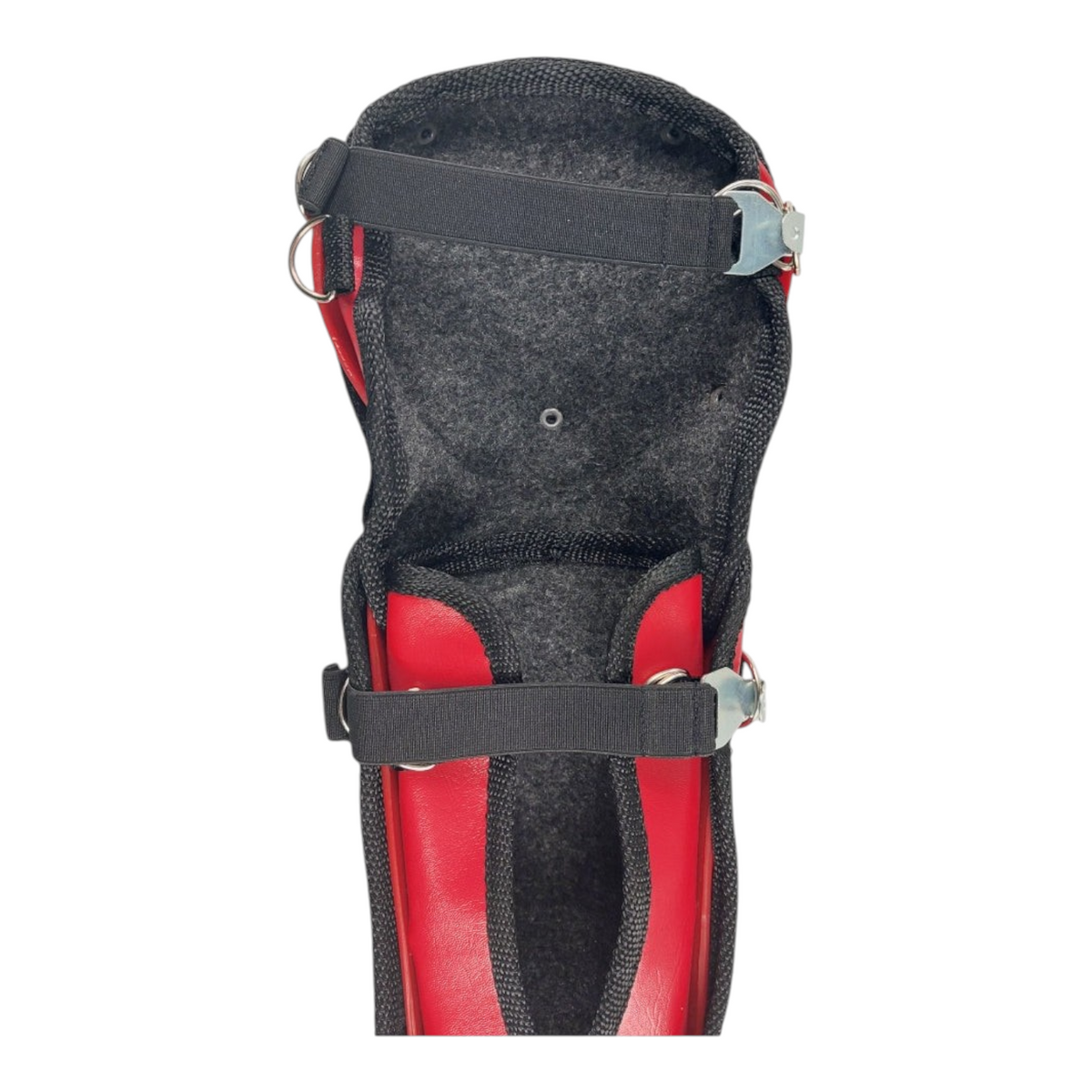 Espinilleras de béisbol infantiles Radach Sports en color rojo con correas ajustables y protección para receptor