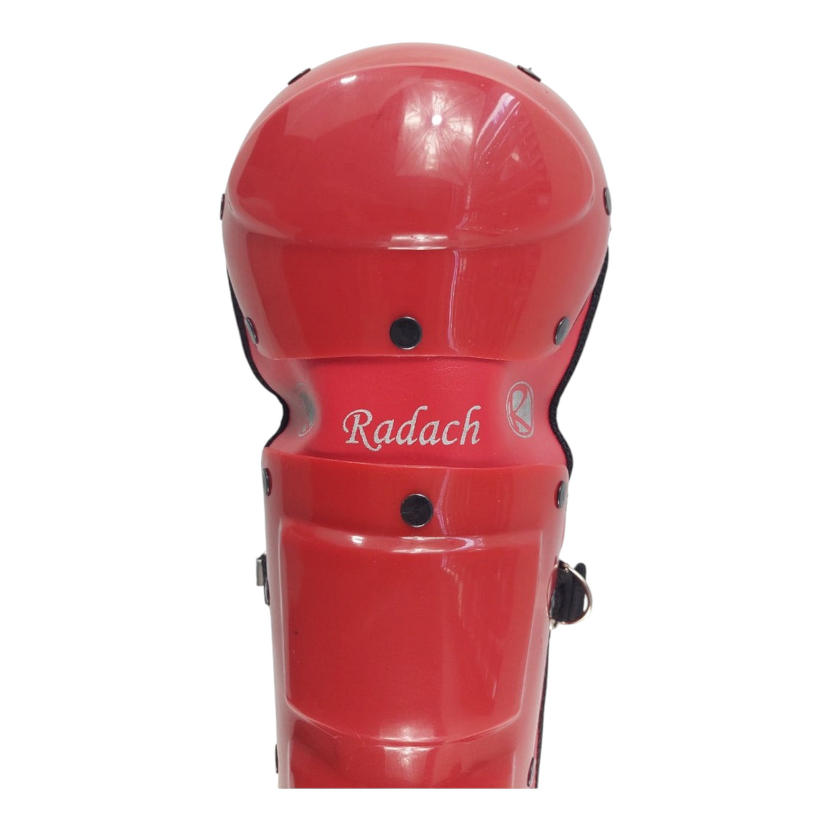 Espinilleras de béisbol infantiles Radach Sports en color rojo con protección para rodilla y muslo