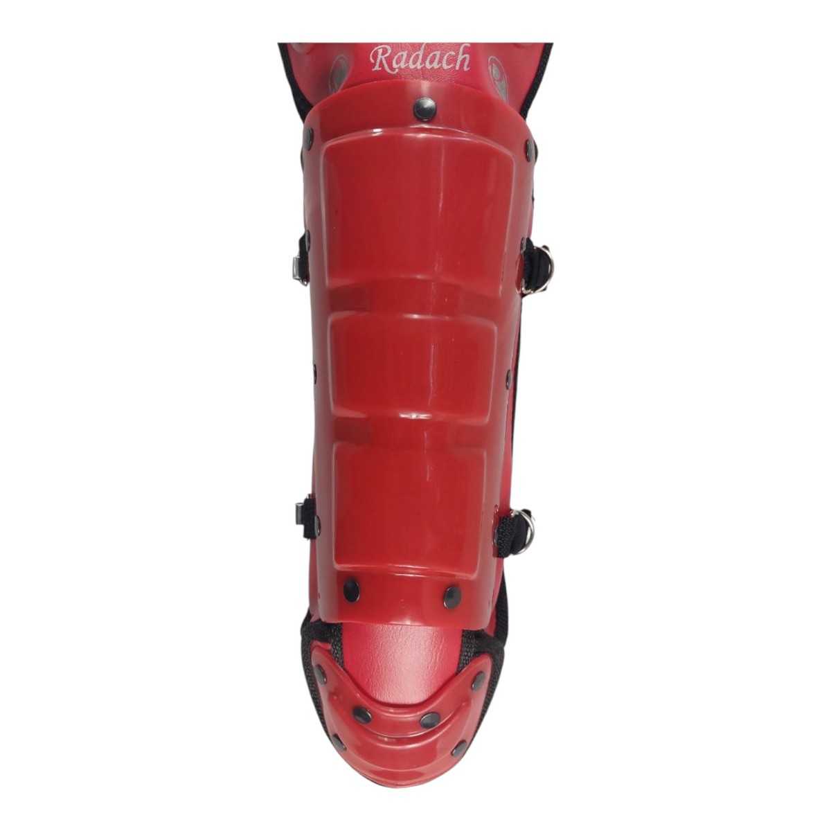 Espinilleras de béisbol infantiles Radach Sports en color rojo con protección para rodilla y muslo