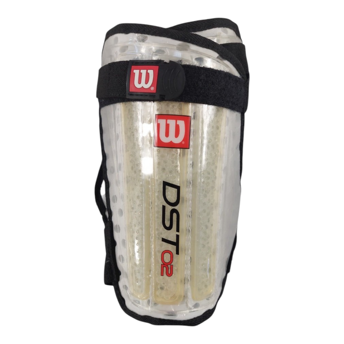 Espinilleras de fútbol Radach Sports Wilson DST transparentes con correas ajustables negras y protección acolchada