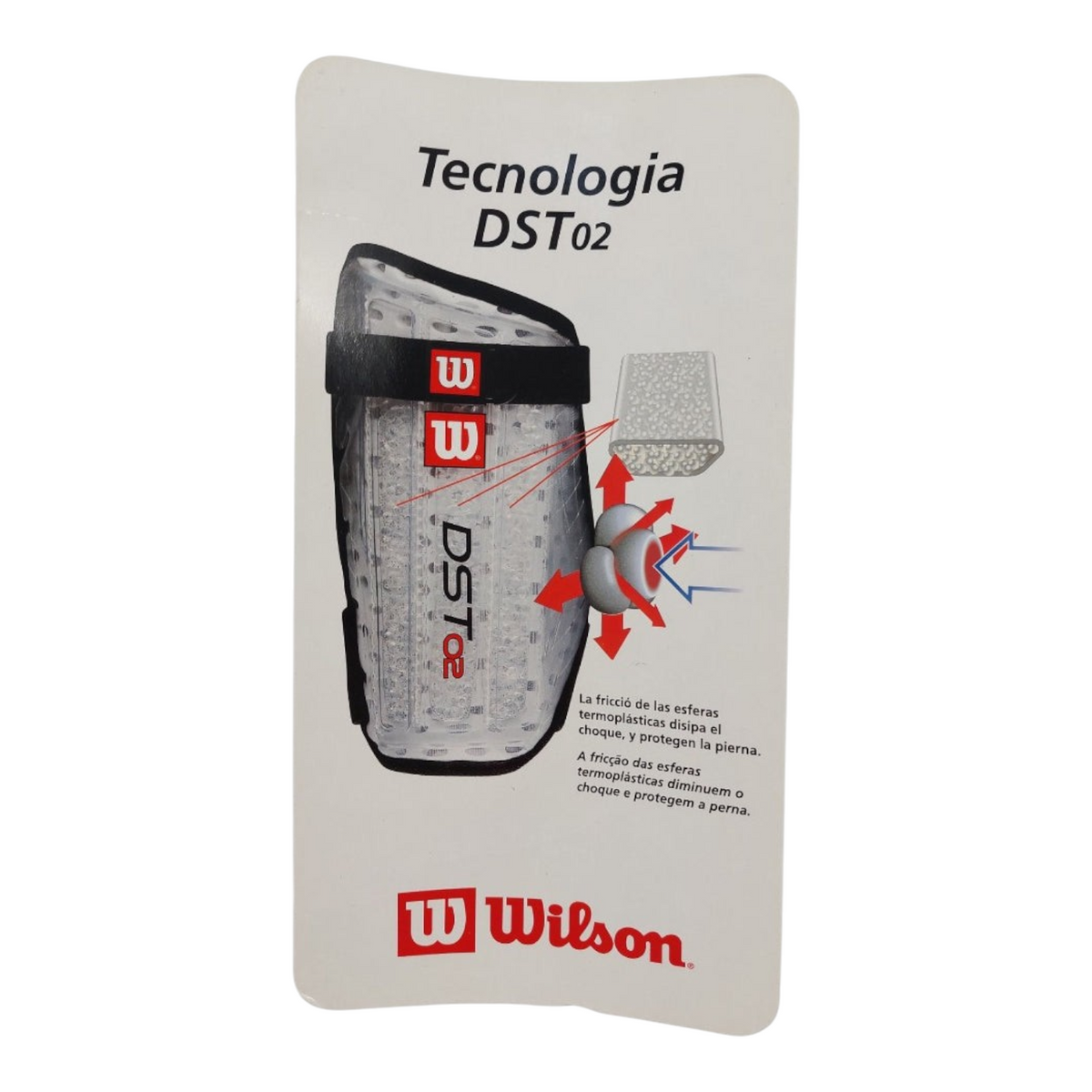 Espinilleras de fútbol Wilson con tecnología DST02 de Radach Sports, diseño protector con esferas termoplásticas.