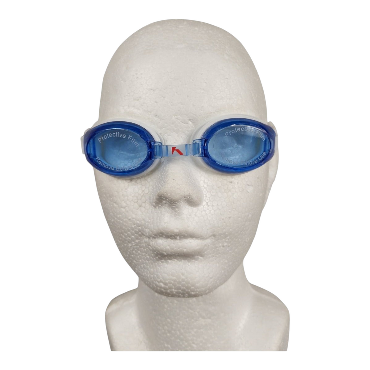 Gafas de natación junior Radach Sports en color azul sobre maniquí, con lentes protectores y diseño ajustable.