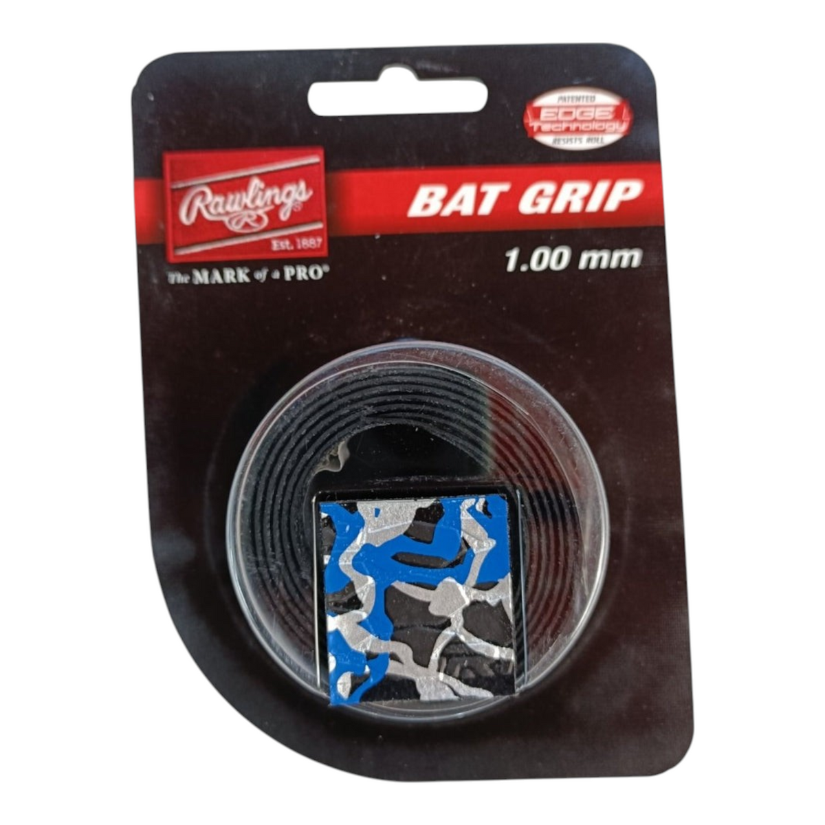 Grip para bate Radach Sports Rawlings 1.00 mm con diseño de camuflaje en tonos azul, negro y blanco en su empaque.