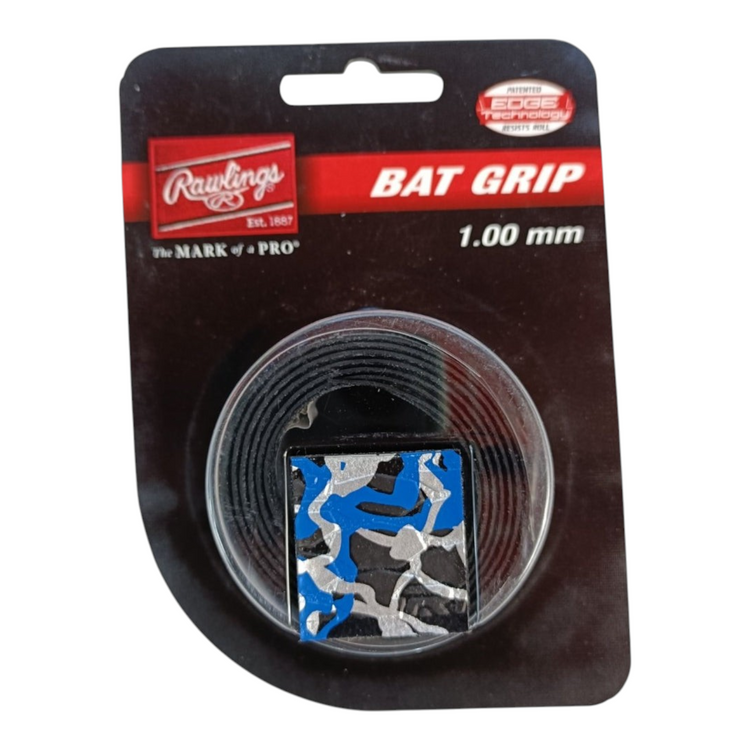Grip para bate Radach Sports Rawlings 1.00 mm con diseño de camuflaje en tonos azul, negro y blanco en su empaque.
