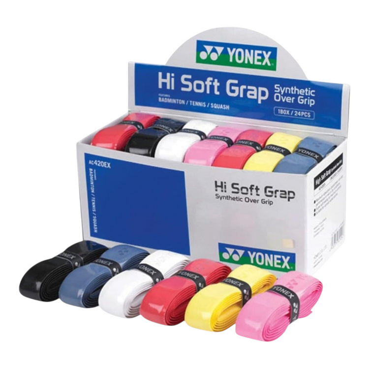 Caja Radach Sports con 24 grips Yonex Hi Soft AC420EX de poliuretano en colores surtidos para raquetas