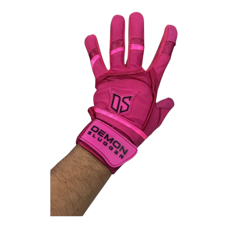 Guante de bateo Radach Sports Demon Slugger Fiesta Colors en color rosa vibrante con palma de piel de oveja