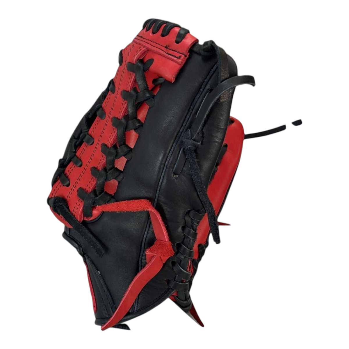 Guante de beisbol Radach Sports Pro Fielder K de 12.75 pulgadas en cuero negro y rojo con cordones reforzados