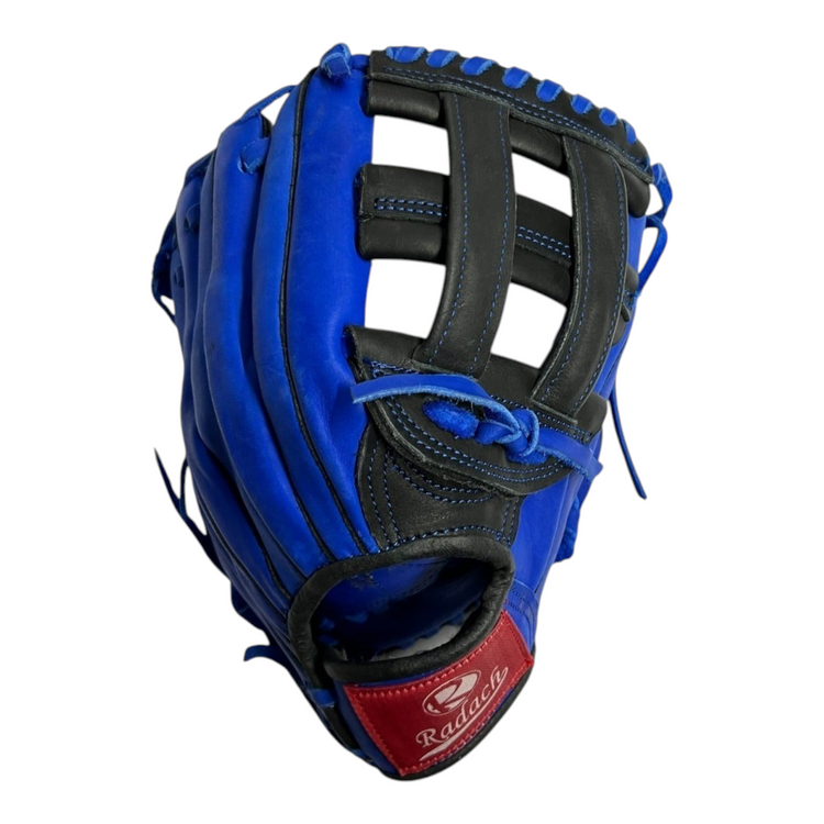 Guante de beisbol Radach Sports de 11.5 pulgadas en piel azul y negra con caja tipo H para infielder o pitcher.
