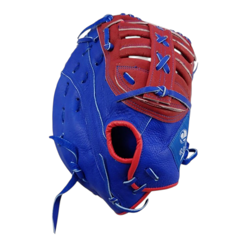 Guante de beisbol Radach Sports Rookie para primera base de 12.75 pulgadas en piel color azul y rojo