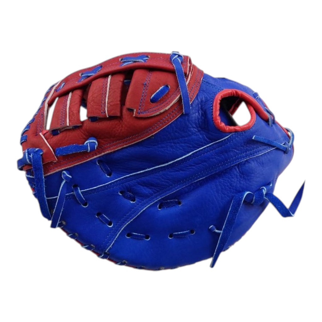 Guante de beisbol Radach Sports Rookie para primera base de 12.75 pulgadas, fabricado en piel azul y roja.