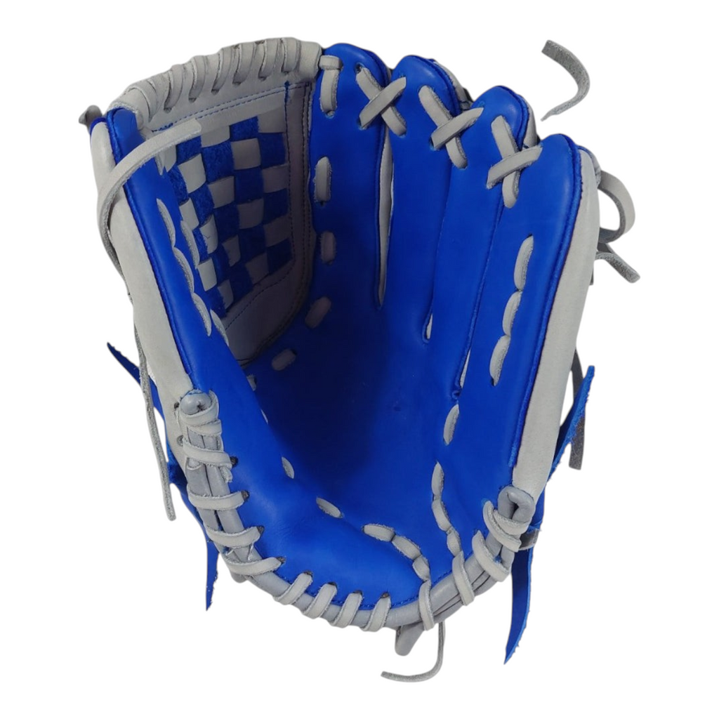 Guante de beisbol Radach Sports Pro de 13 pulgadas en piel color gris y azul con caja cerrada para lanzador derecho
