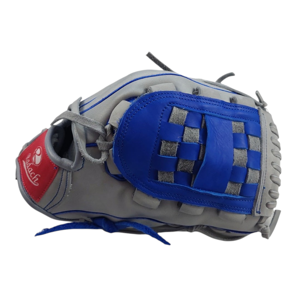 Guante de beisbol Radach Sports de 13 pulgadas en piel color gris y azul con caja cerrada para pitcher