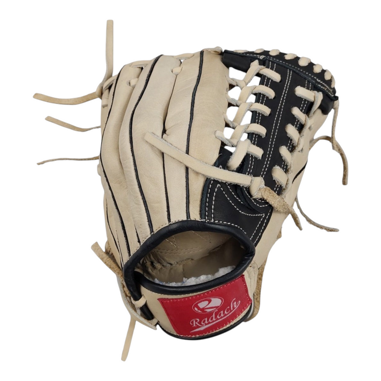 Guante de beisbol Radach Sports de piel en color hueso y negro, modelo Pro para infielder con caja K de 11.5 pulgadas.