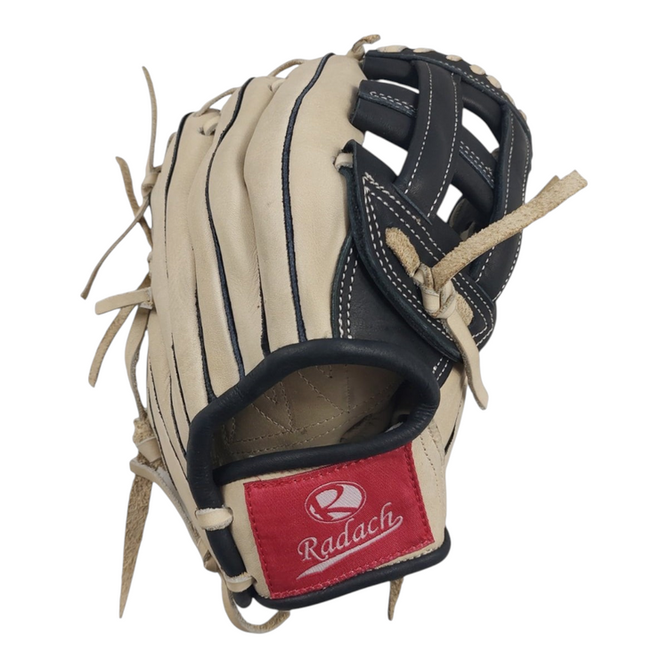 Guante de beisbol Radach Sports Pro de 11.5 pulgadas en piel color hueso y negro con diseño de caja tipo H