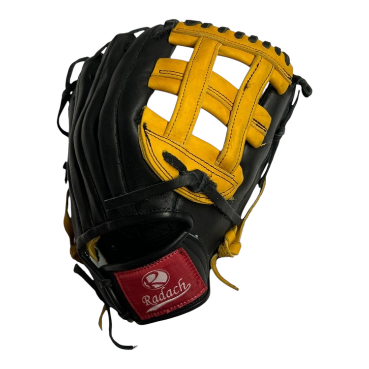 Guante de beisbol Radach Sports Pro de 12 pulgadas en piel color negro y dorado con diseño de caja H para infielders