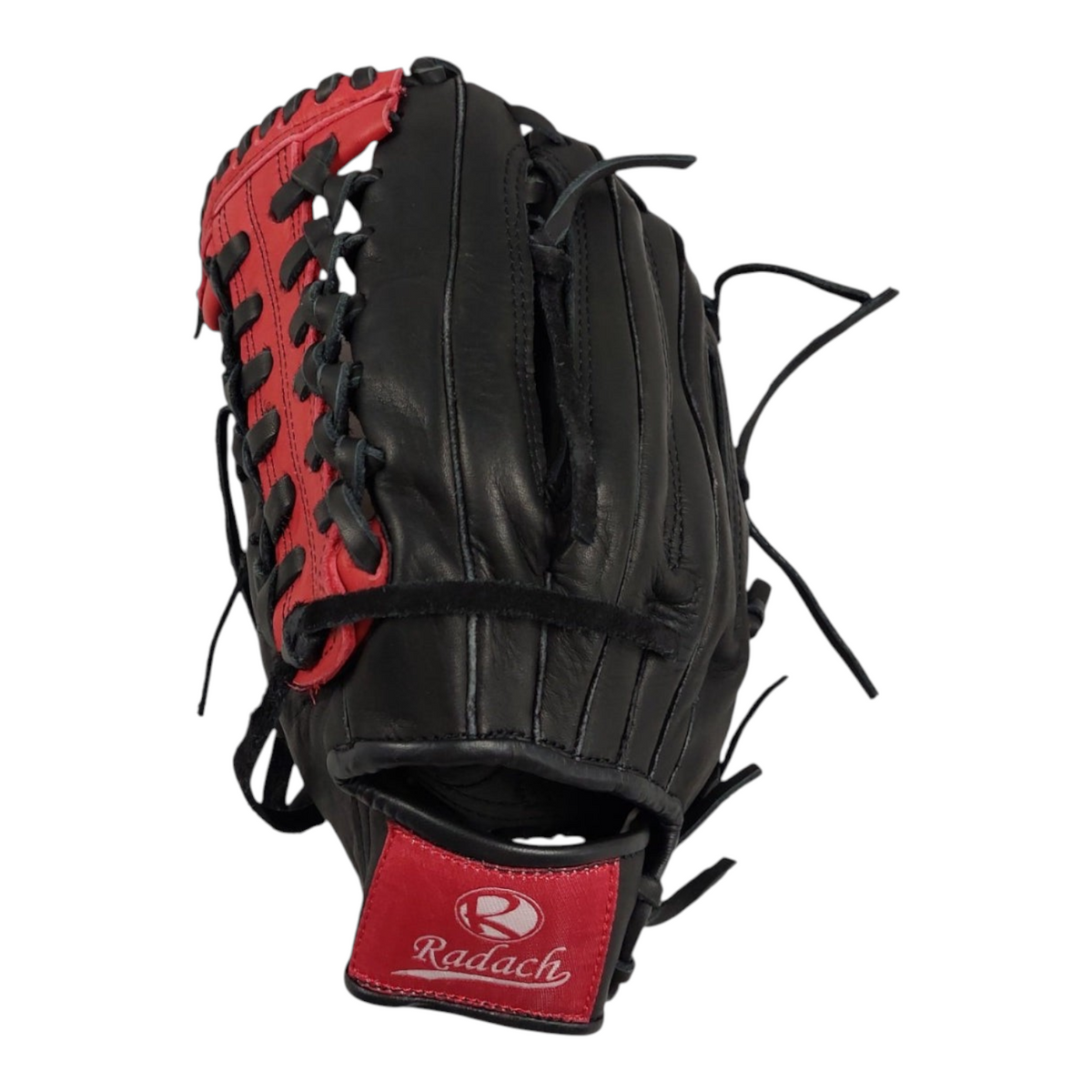 Guante de beisbol Radach Sports Pro Fielder de 12.75 pulgadas en piel negra y roja con tejido tipo macrame