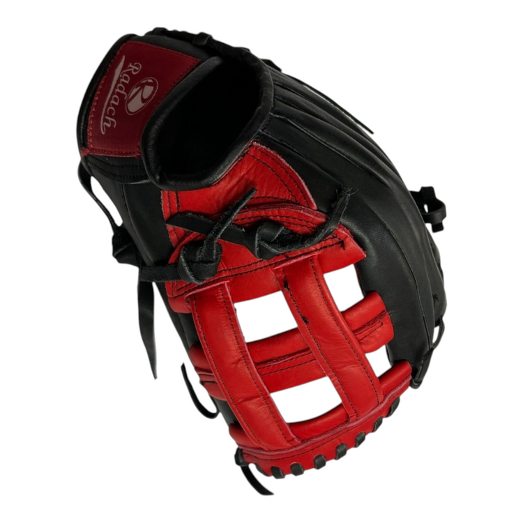 Guante de beisbol Radach Sports Pro de 11.5 pulgadas en piel negra y roja con diseño de caja tipo H para infielder