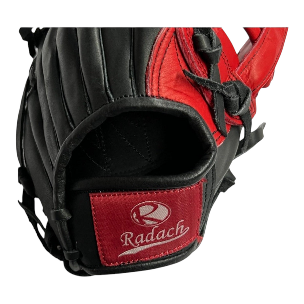 Guante de beisbol Radach Sports Pro de 11.5 pulgadas en piel color negro y rojo con diseño de caja H