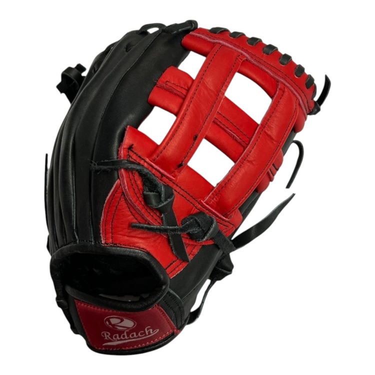 Guante de beisbol Radach Sports Pro de 11.5 pulgadas en piel negra y roja con diseño de caja tipo H para infielder