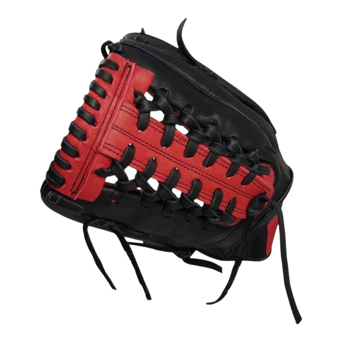 Guante de beisbol Radach Sports Pro de 12.75 pulgadas, fabricado en piel negra y roja con tejido de canasta tipo K.