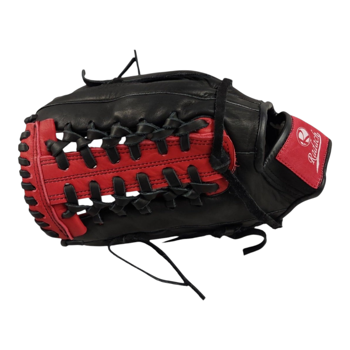 Guante de beisbol Radach Sports Pro Fielder de 12.75 pulgadas en piel negra y roja con tejido de macrame