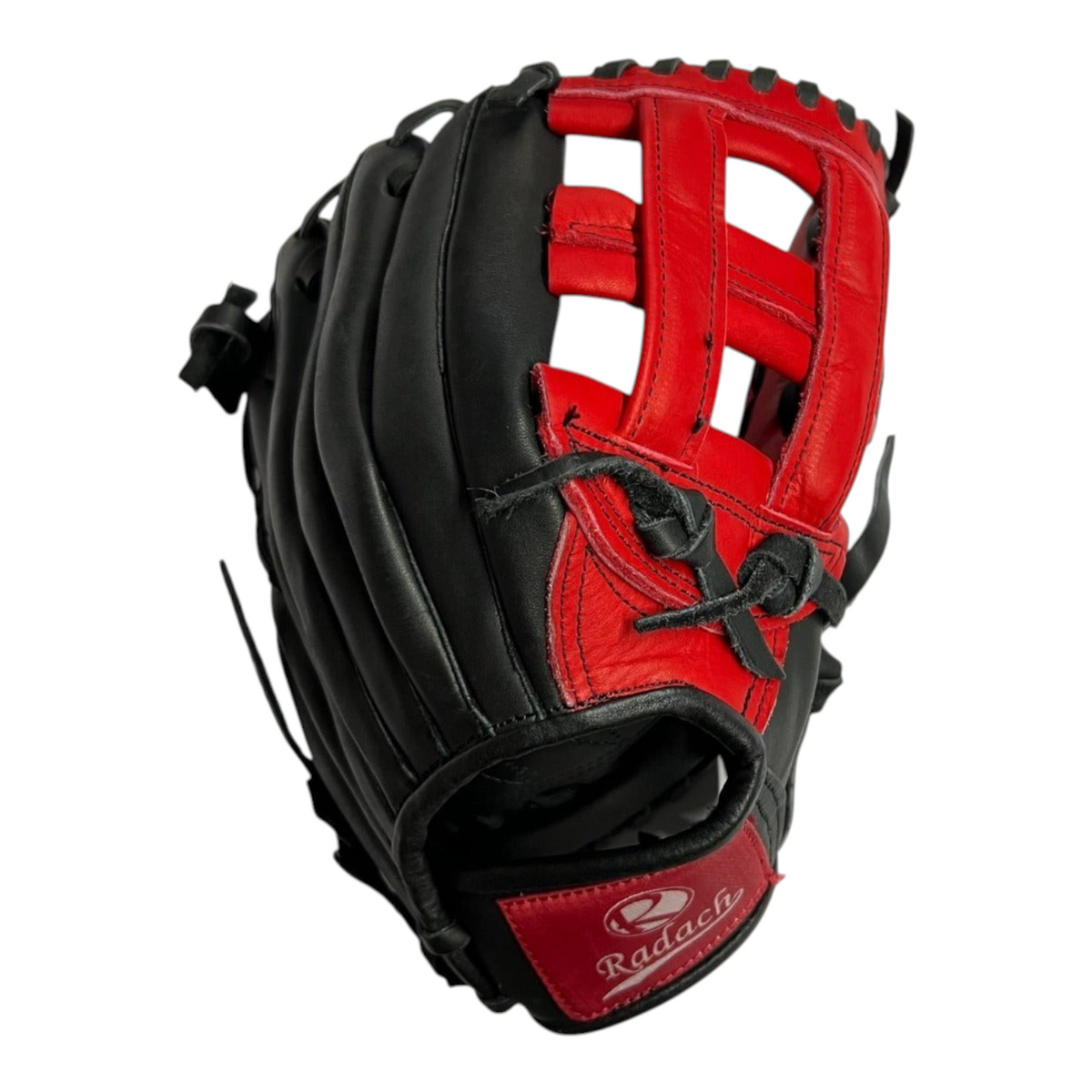 Guante de beisbol Radach Sports Pro de 11.5 pulgadas en piel negra y roja con diseño de caja tipo H para infielder