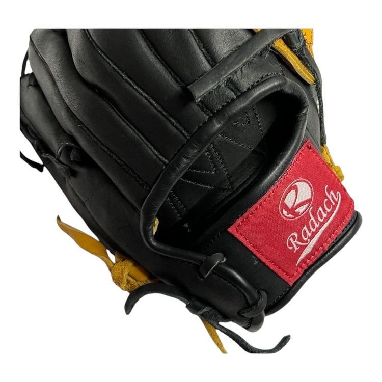 Guante de beisbol Radach Sports Pro de 12 pulgadas en piel negra con detalles dorados y etiqueta roja