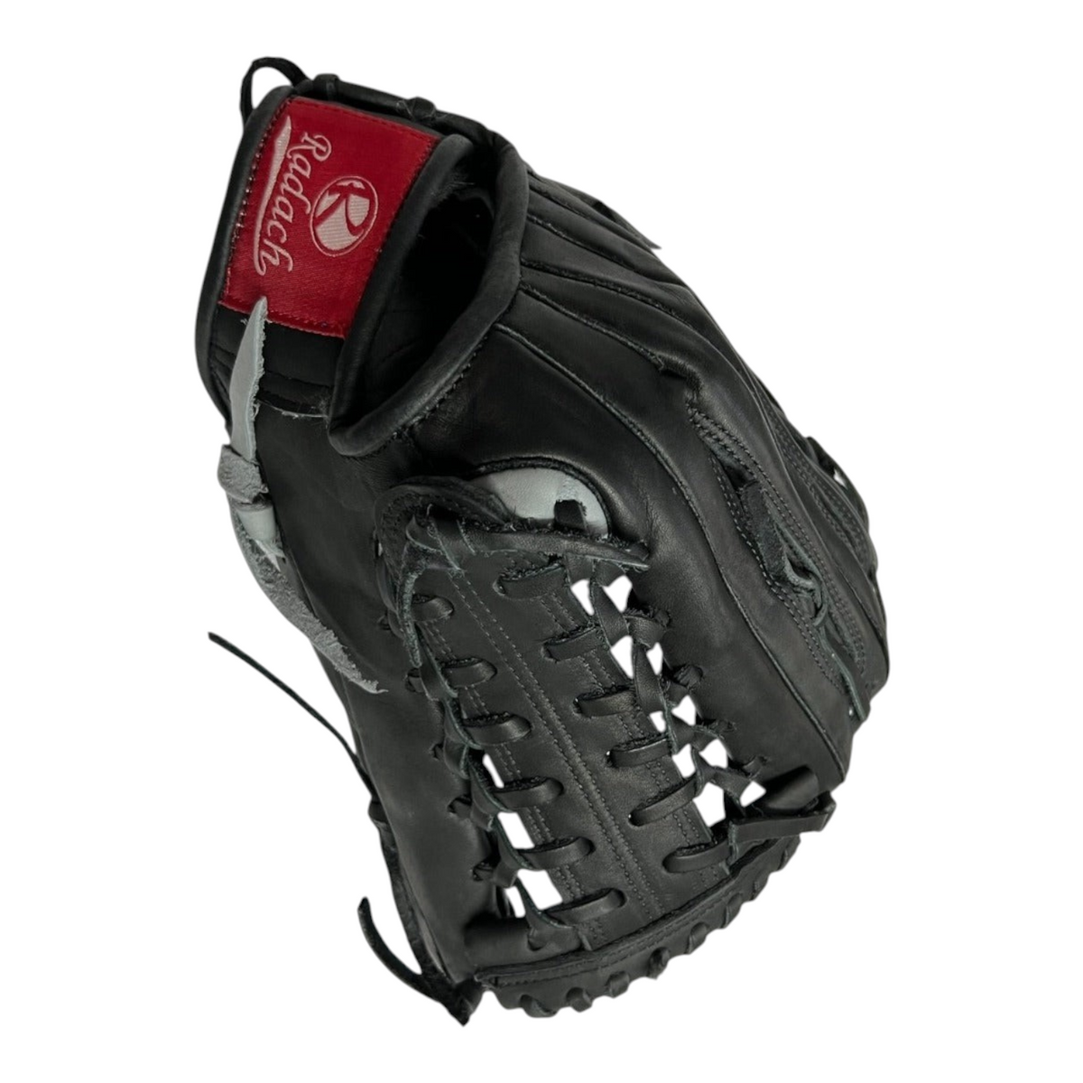 Guante de beisbol Radach Sports Pro Fielder de 12.75 pulgadas en piel negra con detalles plateados y tejido macrame