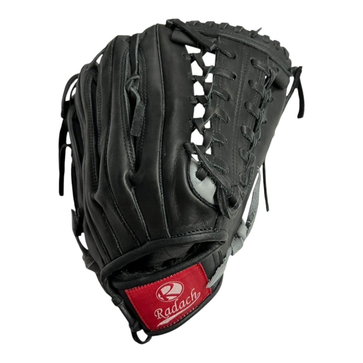 Guante de beisbol Radach Sports Pro Fielder de 12.75 pulgadas en piel color negro con detalles plateados y red K.
