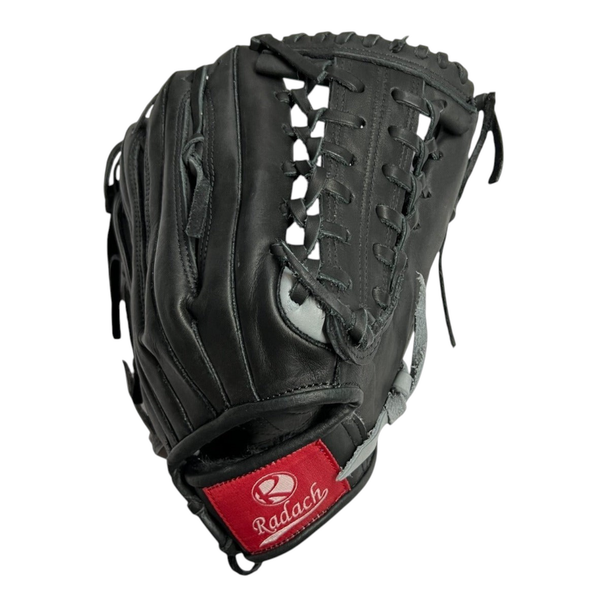 Guante de beisbol Radach Sports Pro Fielder de 12.75 pulgadas en piel negra con tejido macrame para jardinero