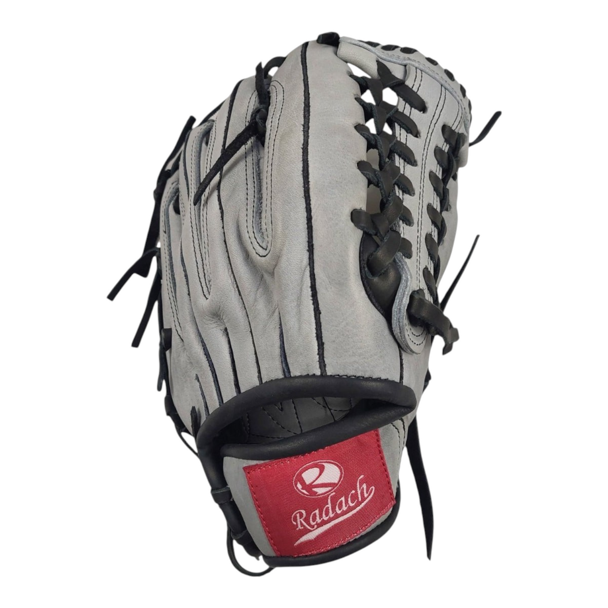 Guante de beisbol Radach Sports Pro Fielder de 12.75 pulgadas en cuero color gris y negro con tejido tipo K