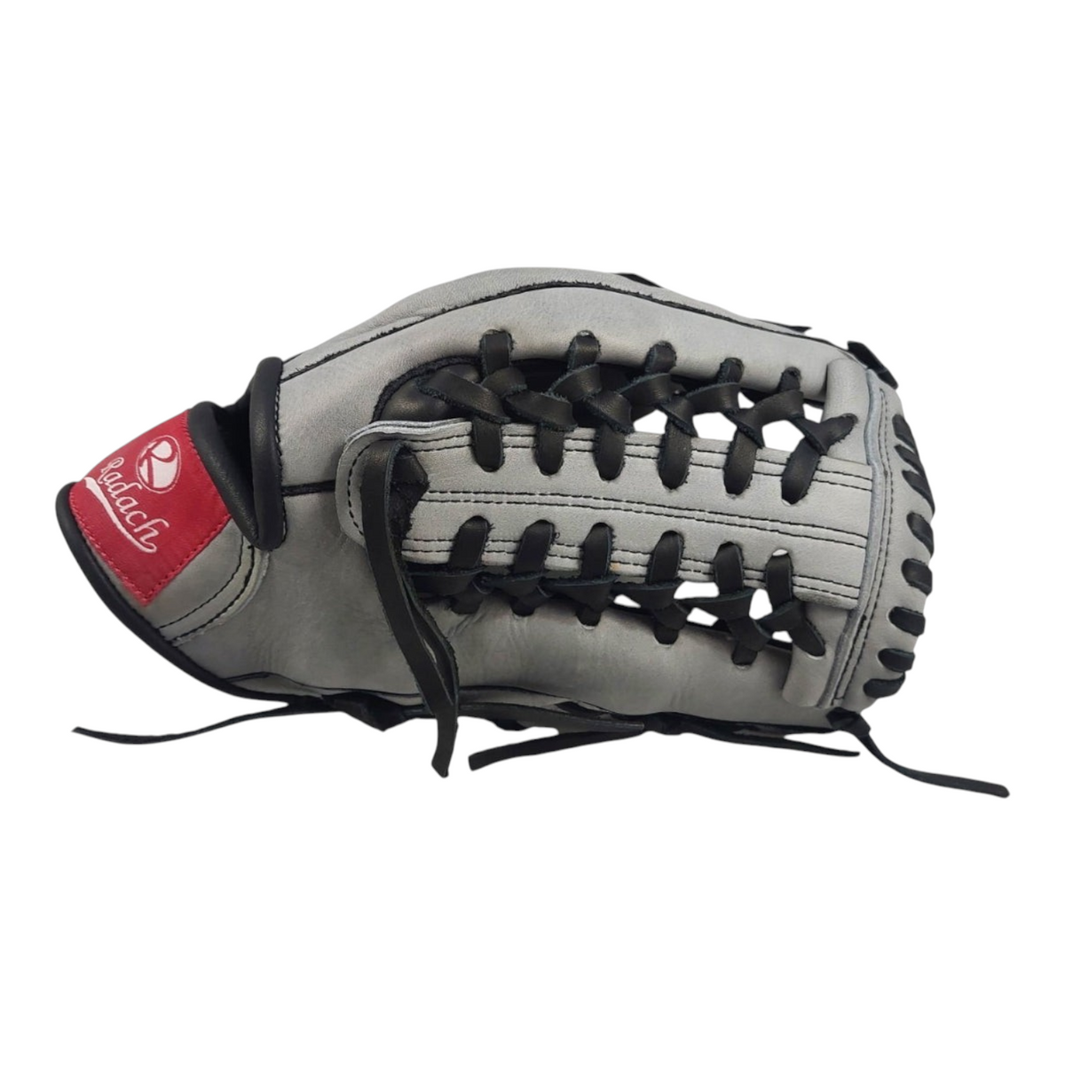Guante de beisbol Radach Sports Pro Fielder de 12.75 pulgadas en piel color plata y negro con tejido tipo macrame.